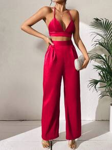 Chiquease 素色露背掛脖上衣和闊腿褲 - 玫瑰紅 - 查看 4