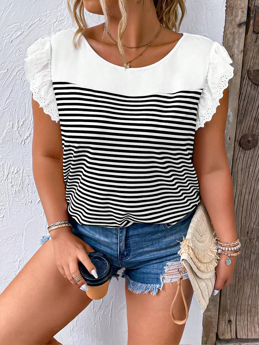 SHEIN LUNE Áo thun Plus size Xù Tranh thêu Sọc Giải trí - Đen và trắng - Xem 1