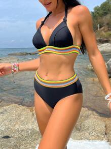 Rainbow Striped Tape Halter Triangle Summer Beach Bikini Set - Black - View 1