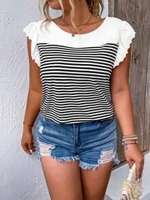 SHEIN LUNE Áo thun Plus size Xù Tranh thêu Sọc Giải trí - Đen và trắng - Xem 5