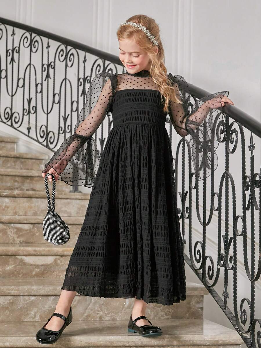SHEIN Girls Dobby Mesh Insert Flounce Sleeve Dress - Black - View 1