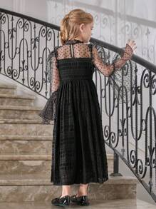 SHEIN Girls Dobby Mesh Insert Flounce Sleeve Dress - Black - View 2