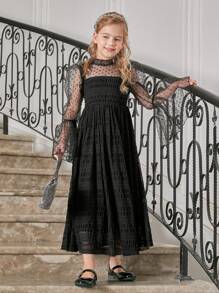 SHEIN Girls Dobby Mesh Insert Flounce Sleeve Dress - Black - View 3