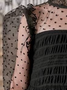 SHEIN Girls Dobby Mesh Insert Flounce Sleeve Dress - Black - View 5