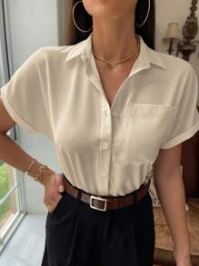 Serisse Áo sơ mi nữ Túi Nút phía trước màu trơn Giải trí - Màu be - Xem 4