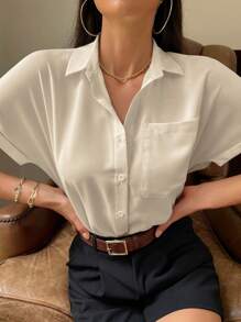 Serisse Áo sơ mi nữ Túi Nút phía trước màu trơn Giải trí - Màu be - Xem 6