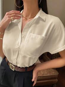 Serisse Áo sơ mi nữ Túi Nút phía trước màu trơn Giải trí - Màu be - Xem 7