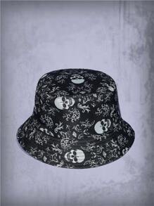 ROMWE Goth 1入組女性骷髏和花朵圖案時尚漁夫帽適用於戶外遊玩 - 黑色 - 查看 2