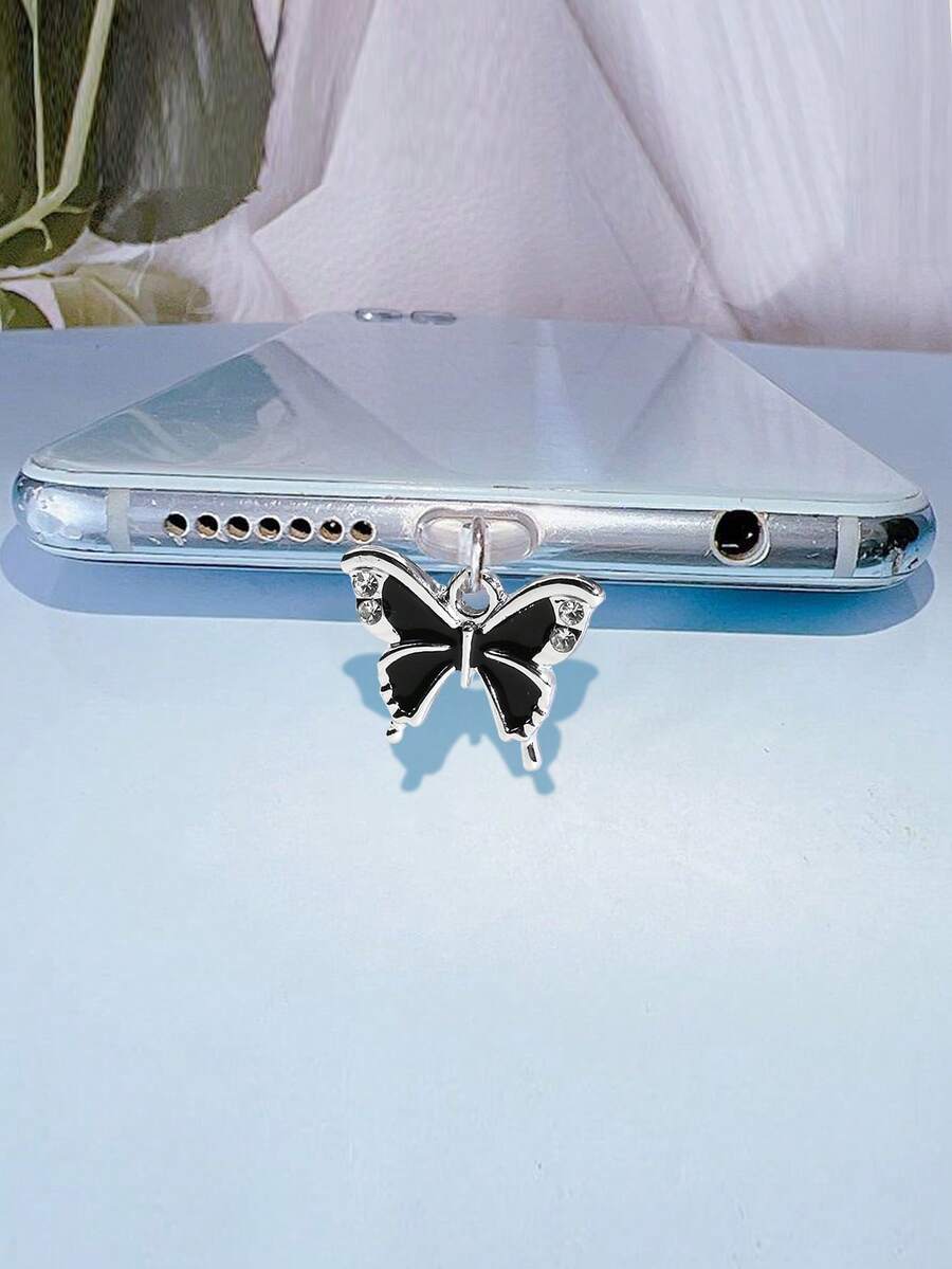 1 phích cắm chống bụi trang trí hình bướm bằng đá rhinestone - màu đen - Xem 1