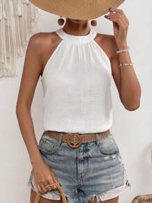 SHEIN VCAY Solid Keyhole Back Halter Top - White - View 2