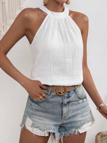 SHEIN VCAY Solid Keyhole Back Halter Top - White - View 4
