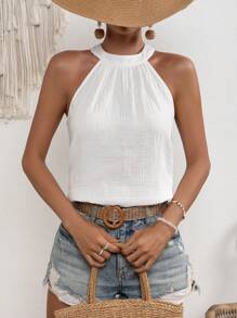 SHEIN VCAY Solid Keyhole Back Halter Top - White - View 5