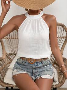 SHEIN VCAY Solid Keyhole Back Halter Top - White - View 1