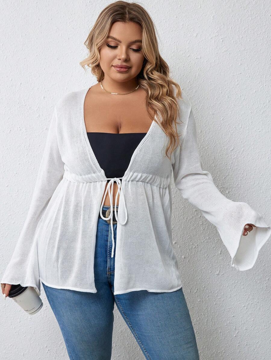 SHEIN VCAY áo hở cổ kích thước lớn Dây kéo Viên lá sen Thắt nơ trước màu trơn Giải trí - trắng - Xem 1