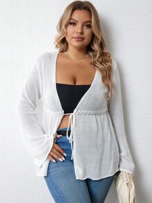 SHEIN VCAY áo hở cổ kích thước lớn Dây kéo Viên lá sen Thắt nơ trước màu trơn Giải trí - trắng - Xem 3