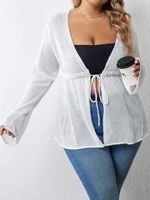 SHEIN VCAY áo hở cổ kích thước lớn Dây kéo Viên lá sen Thắt nơ trước màu trơn Giải trí - trắng - Xem 4