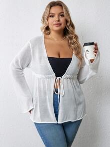 SHEIN VCAY áo hở cổ kích thước lớn Dây kéo Viên lá sen Thắt nơ trước màu trơn Giải trí - trắng - Xem 5