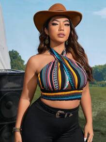 Dreamara Plus Geo Print Backless Halter Top - Multicolor - View 3