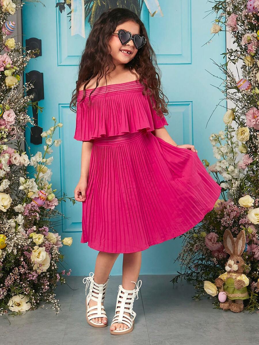 SHEIN Đầm Gái Xù màu trơn Boho - Màu Hồng Tươi - Xem 1