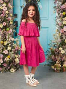 SHEIN Đầm Gái Xù màu trơn Boho - Màu Hồng Tươi - Xem 5