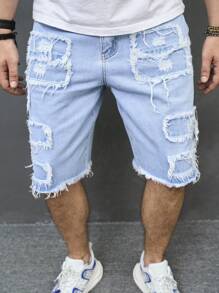 Manfinity EMRG Short en jean ample pour hommes avec effiloché, déchiré et bordure brute. Short en jean de fête bleu clair, parfait pour les cadeaux pour le mari ou le petit ami