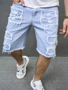 Manfinity EMRG Short en jean ample pour hommes avec effiloché, déchiré et bordure brute. Short en jean de fête bleu clair, parfait pour les cadeaux pour le mari ou le petit ami