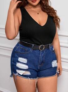 SHEIN Essnce Plus Solid Ribbed Knit Tank Top - Black - View 5