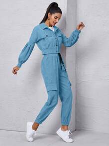 Mulvari 翻盖细节灯芯绒夹克和系带前工装裤套装 2 件套