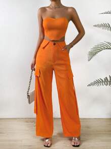 Chiquease Bộ đồ hai mảnh nữ Túi Buộc lại Bất đối xứng Nút Dây kéo màu trơn Gợi cảm - trái cam - Xem 1