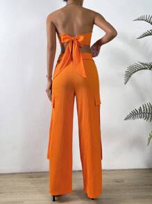 Chiquease Bộ đồ hai mảnh nữ Túi Buộc lại Bất đối xứng Nút Dây kéo màu trơn Gợi cảm - trái cam - Xem 2