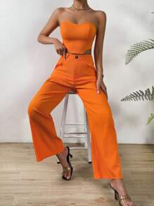 Chiquease Bộ đồ hai mảnh nữ Túi Buộc lại Bất đối xứng Nút Dây kéo màu trơn Gợi cảm - trái cam - Xem 5