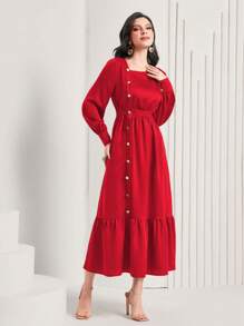 Mulvari 紐扣細節方領荷葉邊連衣裙 - 紅色 - 查看 1