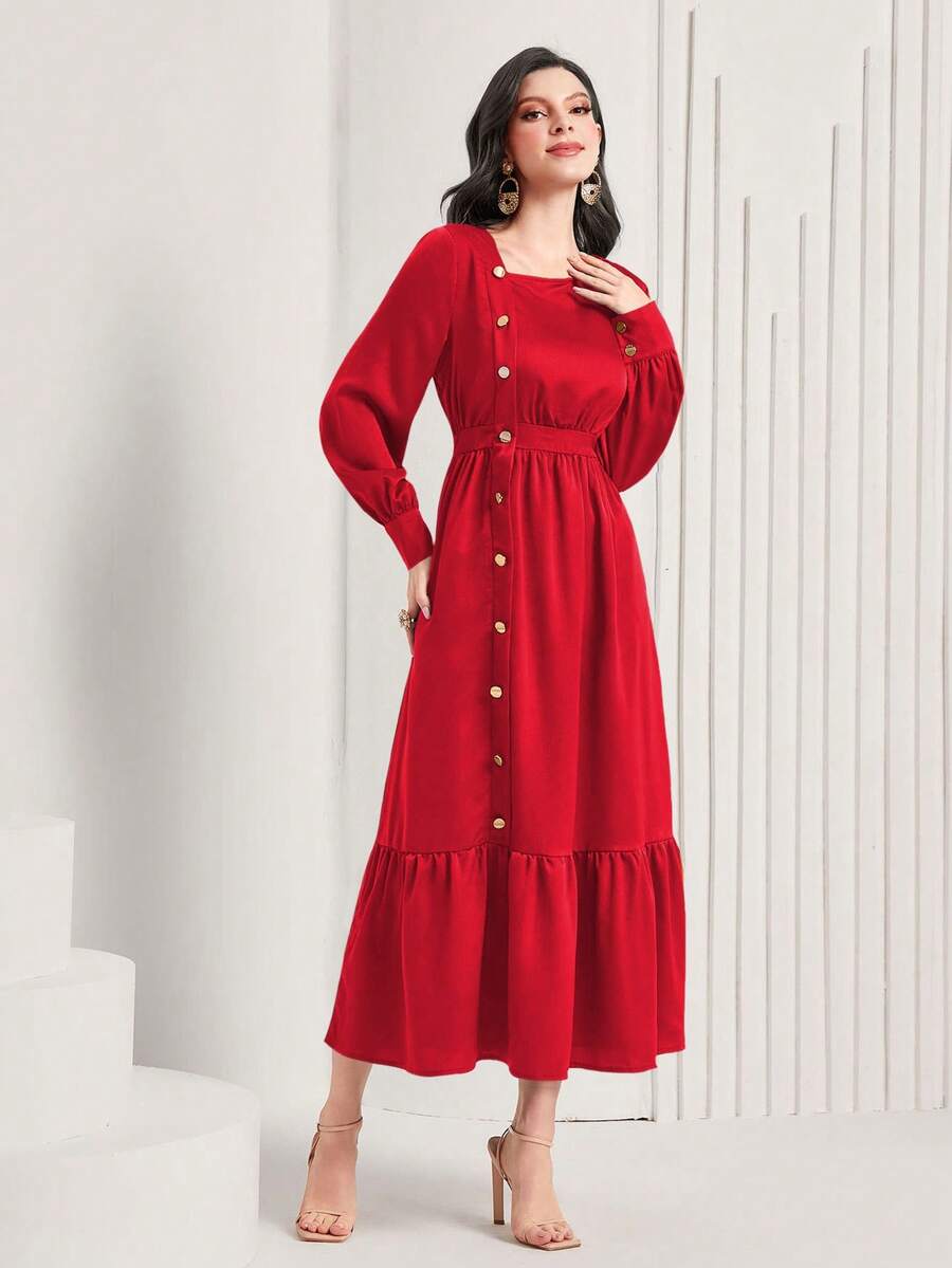 Mulvari 紐扣細節方領荷葉邊連衣裙 - 紅色 - 查看 1