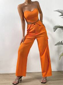 Chiquease Bộ đồ hai mảnh nữ Túi Buộc lại Bất đối xứng Nút Dây kéo màu trơn Gợi cảm - trái cam - Xem 6