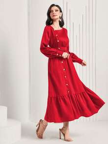 Mulvari 紐扣細節方領荷葉邊連衣裙 - 紅色 - 查看 4