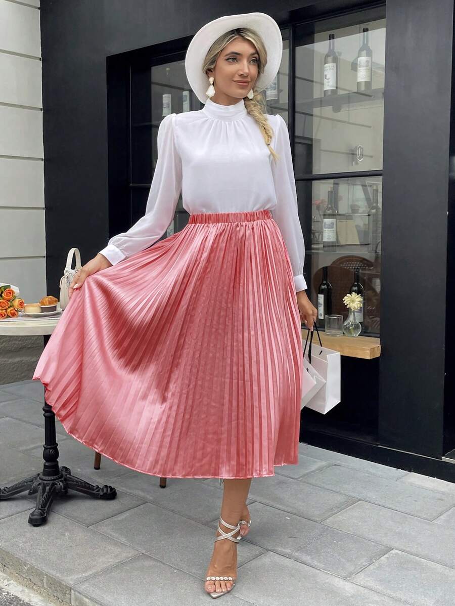 SHEIN Essnce 素色百褶半身裙 - 粉色 - 查看 1