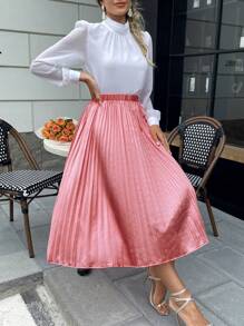 SHEIN Essnce 素色百褶半身裙 - 粉色 - 查看 3