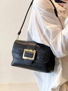 Dedoo Túi đeo vai dập nổi cá sấu Khóa nhỏ trang trí nắp - màu đen - Xem 2