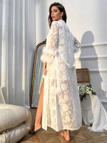Fuzzy Trim Belted Robe & Cami Dress PJ Set - White - View 2