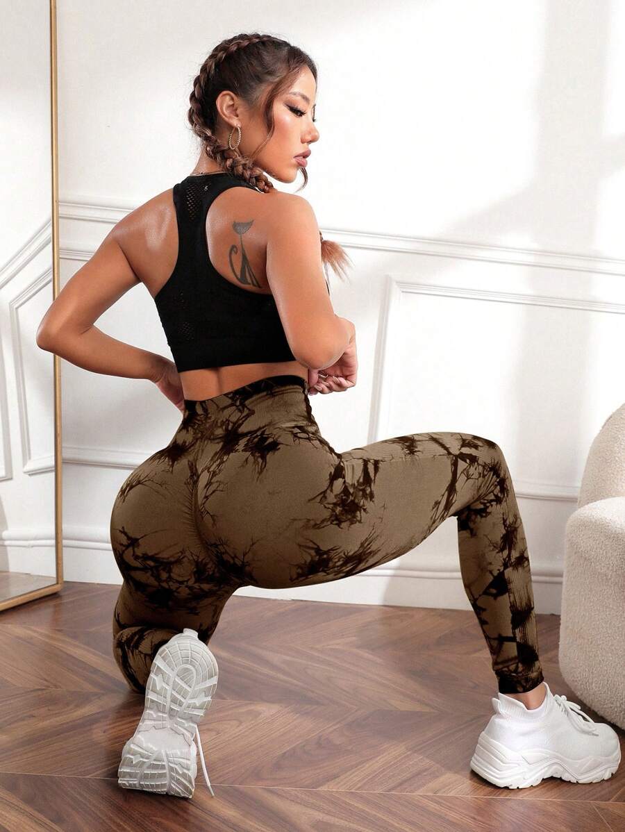 Easithlete Tie Dye Wideband Waist Sports Leggings - Coffee Brown - View 1