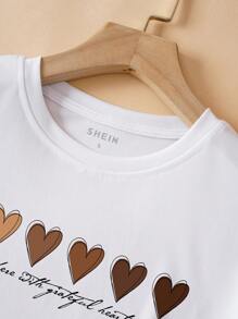 INAWLY 心与口号图案 T 恤 欢聚于此 感恩之心图案 T 恤 女士上衣 - 白色 - 查看 4