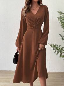 SHEIN Privé Twist Front Lantern Sleeve A-Line Dress - Brown - View 2