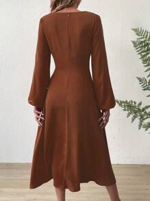 SHEIN Privé Twist Front Lantern Sleeve A-Line Dress - Brown - View 3