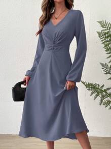 Chiquease Twist Front Lantern Sleeve Dress - Dusty Blue - View 6