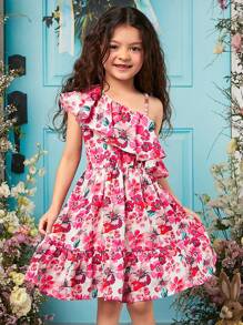 SHEIN 女孩印花不對稱領荷葉邊連衣裙 - 彩色 - 查看 1