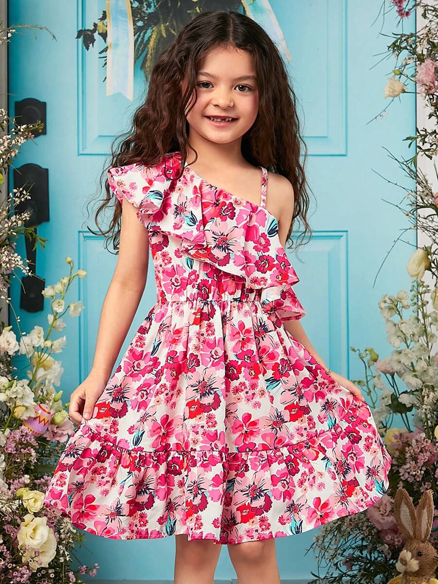 SHEIN 女孩印花不對稱領荷葉邊連衣裙 - 彩色 - 查看 1