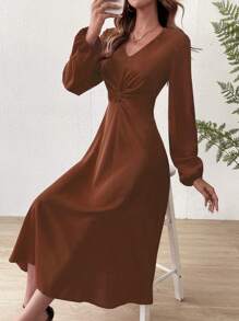SHEIN Privé Twist Front Lantern Sleeve A-Line Dress - Brown - View 4