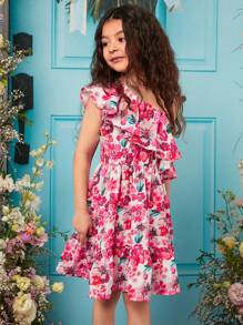 SHEIN 女孩印花不對稱領荷葉邊連衣裙 - 彩色 - 查看 3