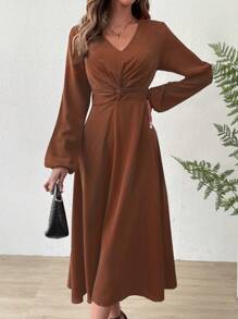 SHEIN Privé Twist Front Lantern Sleeve A-Line Dress - Brown - View 6
