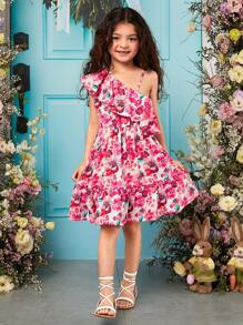 SHEIN 女孩印花不對稱領荷葉邊連衣裙 - 彩色 - 查看 4